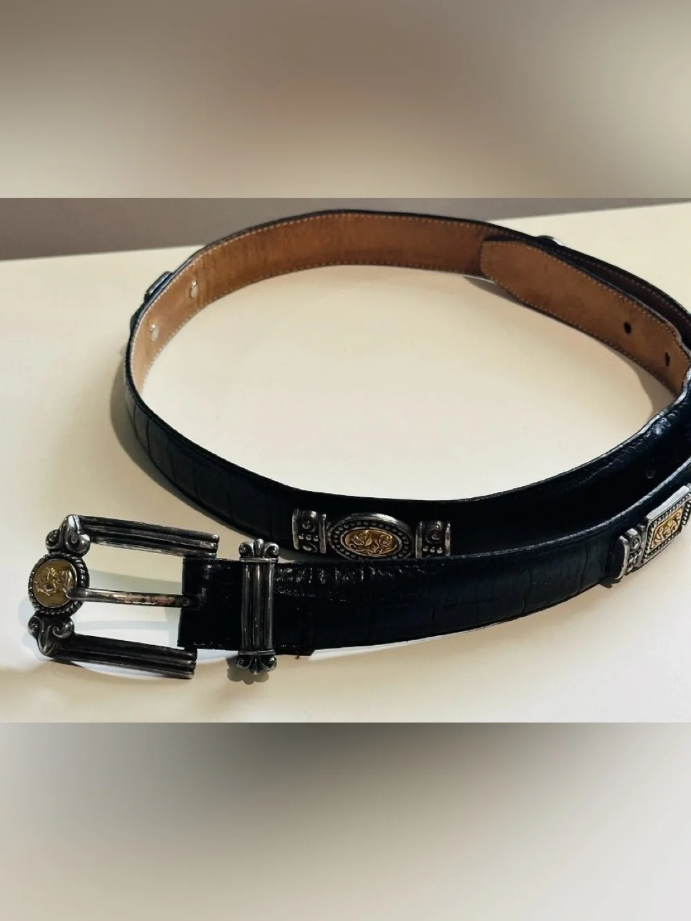Brighton Museum Collection Belt Black Leather Mixed Metal Cameo L